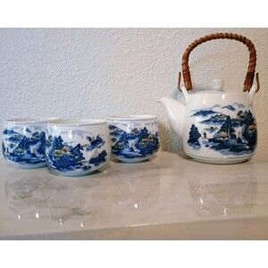 MCI Vintage Blue Japanese Teapot With Bamboo Handle with Three Matching Cups